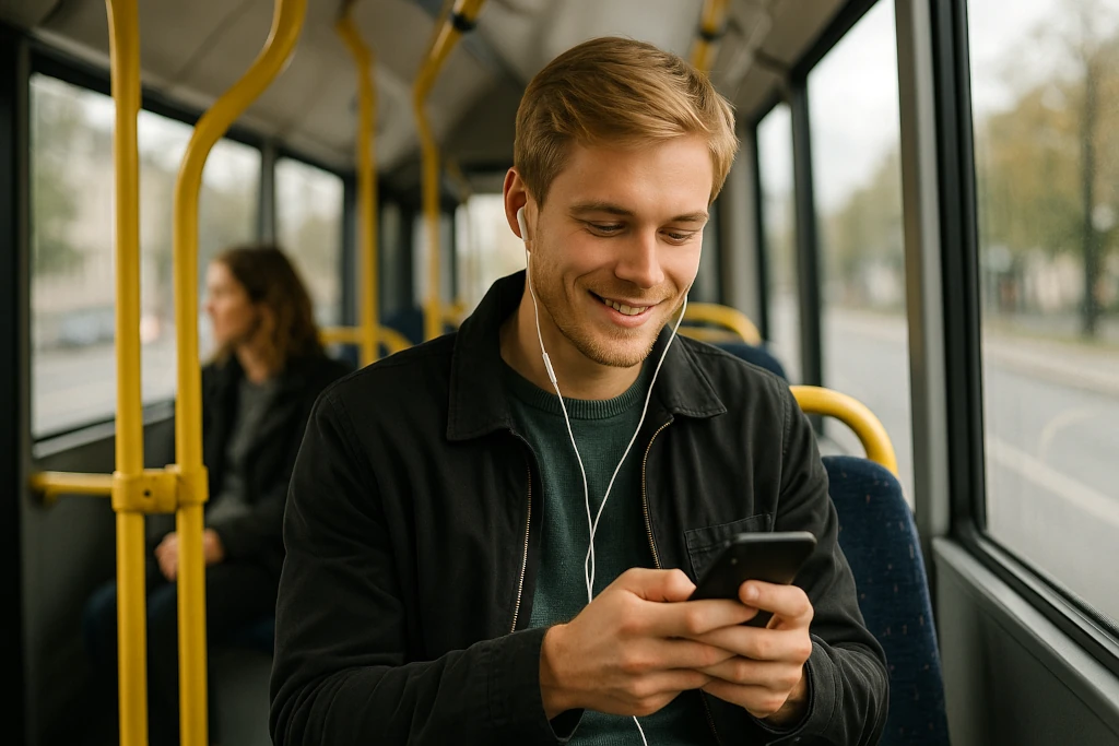 sitter på bussen och spelar på mobilen
